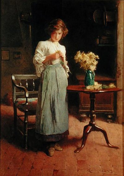 Kız bir kulübede bir masa ve sandalyenin yanında (kağıt üzerine suluboya) by Carlton Alfred Smith