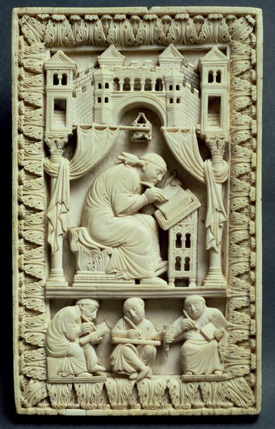 St. Gregory aşağıda katiplerle birlikte yazıyor, Fransız-Alman Okulu, c.850-875 by Carolingian School