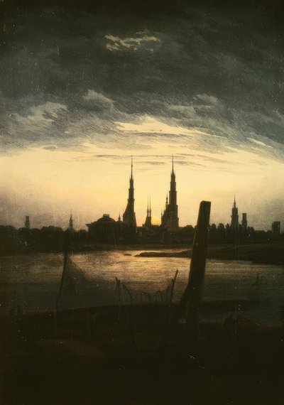 Ayın yükselişinde şehir by Caspar David Friedrich