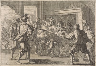 Miguel de Vasconcelos bir dolapta bulunur ve öfkeli Portekizliler tarafından öldürülür, 1640 by Caspar Luyken