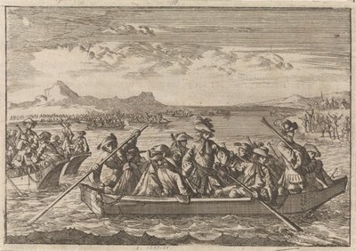 Savoy'dan kovalanan Waldens'ler, Cenevre Gölü boyunca mavnalarla ülkelerine dönüyor, 1689 by Caspar Luyken