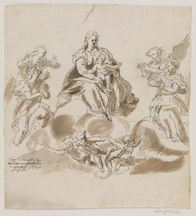 Melekler ve putti ile çevrili cennette çocukla Meryem Ana by Caspar Menneler