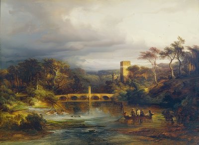 Kayıkçılar ve kemerli köprü ile orman gölünde kale. 1846 by Caspar Scheuren