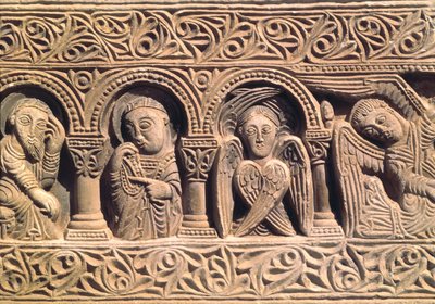 Bir seraph ile azizleri tasvir eden rölyef, portalın lentosundan detay by Catalan School
