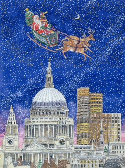 Londra Üzerinde Uçan Noel Baba (kağıt üzerinde wc) by Catherine Bradbury