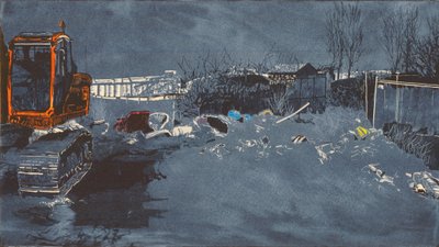 300 semender ile geniş alan, 2014 (Linocut ve gravür) by Catherine Sutcliffe-Fuller