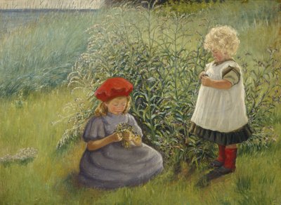 Çiçek toplayan iki kız (tuval üzerine yağlı boya) by Cathrine Zernichow