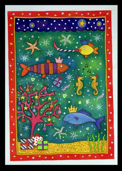 Fishy Christmas, 1997 (kağıt üzerinde wc ve pastel) by Cathy Baxter