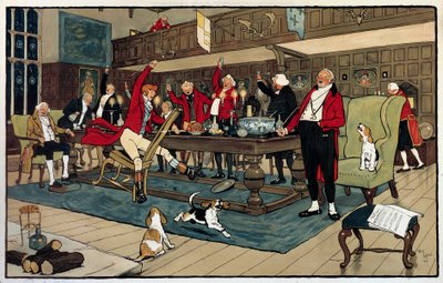 Avcı Kahvaltısı. Avdan döndüklerinde avcılar hünerlerini anlatırlar. Gravür Cecil Aldin (1870 -? ), İngiltere. Kol. Gitmek. by Cecil Charles Windsor Aldin