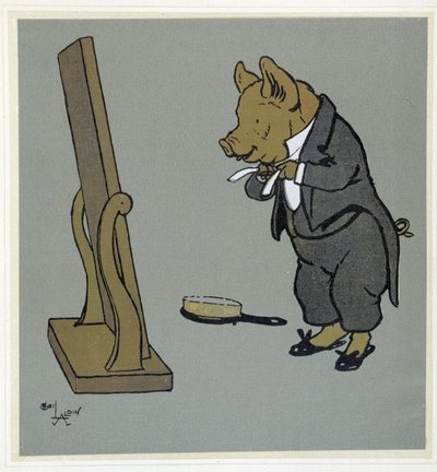 Domuz tımar, komutan oğlu düğümü bağlamak için devant un miroir - “Mutlu Parti”de, hasta. yazan Cecil Aldin, ed. Hodder & Stoughton, Londra by Cecil Charles Windsor Aldin