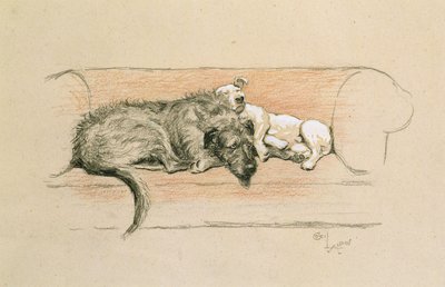 Wolfhound ve Bull Teriyer Kanepede Uyuyor (kağıt üzerinde pastel) by Cecil Charles Windsor Aldin