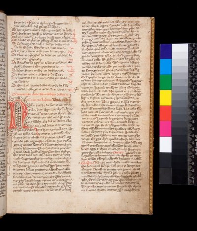 Bayan 148. Büyük Gregory, Dialogi, İtalyanca tercüme. Domenico Cavalca, f.2r Kırmızı mürekkeple dekore edilmiş [N] harfi, kahverengi mürekkeple kalem süslemeli by Central Italian School