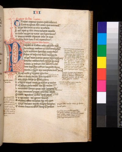Ms 325. Lucan, Bellum Civile ve diğer eserler, f.35r. Kırmızı ve mavi, kontrast kalem süslemeli Parted Initial [P], c.1353 (parşömen) by Central Italian School