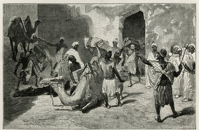 Öykünün yazarı Atanger'in kervanından develerin yüklenmesi, 1875'te Edmondo de Amicis'in Le Maroc öyküsünü göstermek için Biseo'nun gravürü, Tour du monde'da Edouard Charton yönetiminde yayınlandı. by Cesare Biseo
