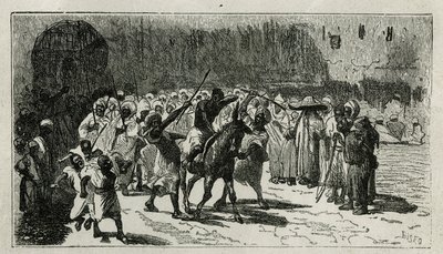 bir hırsızın cizyesi, bir katıra tırmanır, kalabalığın tonları altında copları alır, C.Biseo tarafından, Edmondo de Amicis'in 1875'te Tour du monde'da yayınlanan Le Maroc hikayesini göstermek için gravür. Edouard Charton'ın yönü by Cesare Biseo