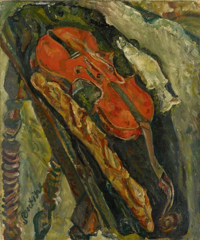 Nature morte au violon, Pain et poisson Keman, ekmek ve balık ile natürmort, c. 1922. by Chaim Soutine