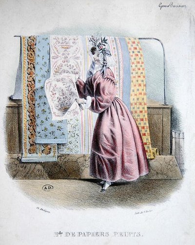 Duvar Kağıdı Satıcısı, c.1840 (renkli taş) by Charles (after) Philipon