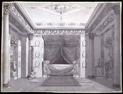 Empire Yatak Odası Tasarımı, c.1810 (kağıt üzerine kalem ve mürekkep ve sulu boya) by Charles (attr. to) Percier