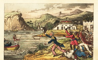 Öfkeli bir Massa ekicisinden kaçan İngiliz Donanması subayı ve Quashee, Jamaika'da sopaları ahırlayan erkekleri köleleştirdi by Charles (c.1797 1850) (after) Williams