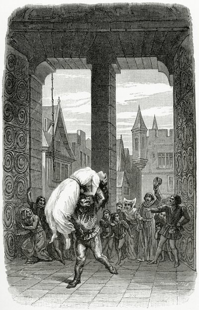 Quasimodo, Esmeralda'yı idamdan kurtarıyor - Notre Dame de Paris'ten bir illüstrasyon, 19. Yüzyıl (bw gravürü) by Charles Alexandre Lesueur