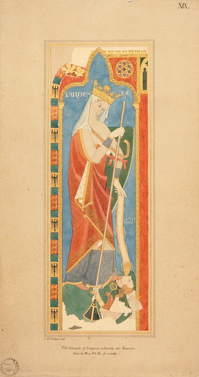 The Virtues Largesce ve Debonerete (Largesce) 1819 (kağıt üzerinde yükseltilmiş yaldız detaylı suluboya) by Charles Alfred Stothard