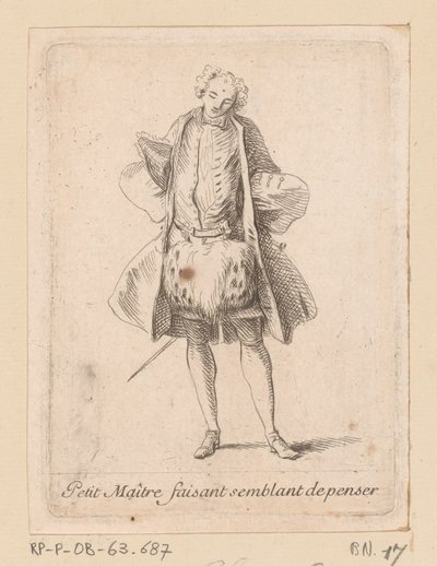 Önden görülen ayakta asilzade Petit Maitre faisant semblant de penser (nesne üzerindeki başlık) Rakamlar de modlar (seri başlığı) by Charles Antoine Coypel