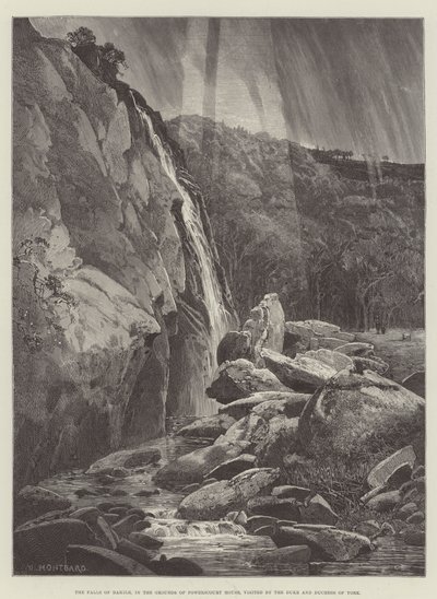 York Dükü ve Düşesi tarafından ziyaret edilen Powerscourt House Arazisindeki Dargle Şelalesi by Charles Auguste Loye
