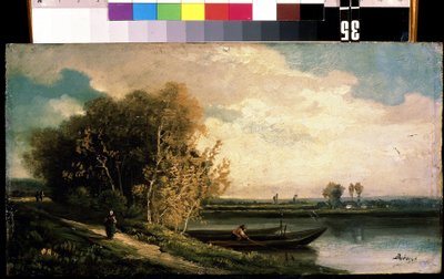""La berge"" (Sahil) Bir balıkçı ve bir köylü kadının olduğu nehir kenarı manzarası. Charles Barthelemy Jean Durupt (1804-1838) tarafından yapılan boyama 19. yüzyıl Mikhail Kroshitsky Sanat Müzesi, Sivastopol (Sivastopol) Ukrayna by Charles Barthelemy Durupt