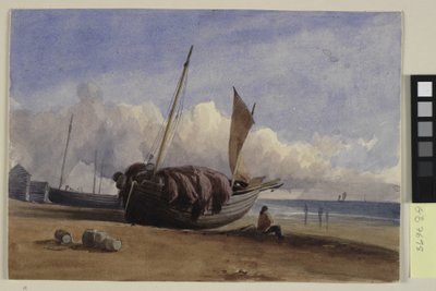 Oturmuş balıkçı ile sahile balıkçı teknesi by Charles Bentley