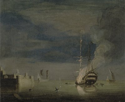 Bir Kale Açıklarında Geceleri Yanan İki Katlı, 1740 dolayları (tuval üzerine yağlı boya) by Charles Brooking