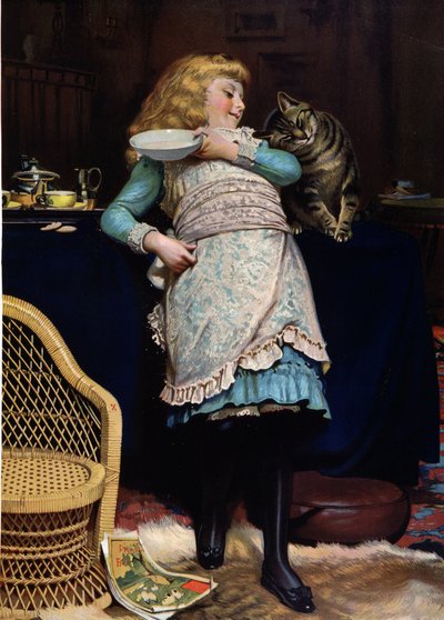 Child with cat, by Burton Barber, English chromo by Charles Burton (after) Barber