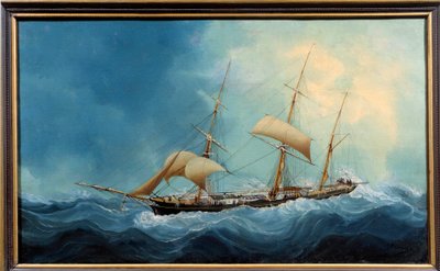 Uçan üç keçeli bir yelkenli Boyama Charles Cheri Dubreuil (Cheri-Dubreuil) (1828-1880) 1865 - Fecamp. Musee Des Terre Neuvas - Üç direkli bir gemi kaçıyor. Charles Dubreuil
