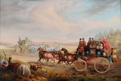 Hull-Londra Kraliyet Postası Yolda Seyahat Eden Bir At Arabasıyla Karşılaşıyor, c.1835 (tuval üzerine yağlıboya) by Charles Cooper Henderson