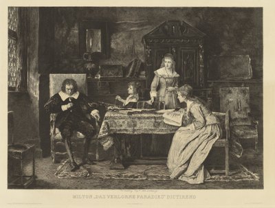 Bir koltukta oturan Milton, kızlarından birine kaybettiği cennetini yazdırır. Den r.r.h. Munkacsy