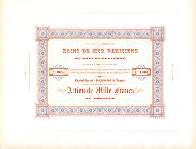 Hisse Senedi Sertifikası "Paris Deniz Hamamları" (baskı) by Charles Derriey