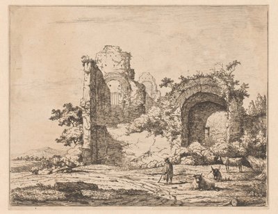 Harabe ve çoban ile manzara Manzaralarda harabeler bulunan baskılar (seri başlığı) Cahier de harabeler et de paysages (dizi başlığı) by Charles Echard (attributed to)