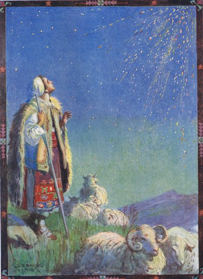 Bir kıvılcım yağmuru olarak indi, Musa Gaster (1856-1939) 1921'in "Romanya Efsanelerinden Çocuk Hikayeleri"ndeki "Ateş Böceğinin Öyküsü"nden bir sahne. by Charles Edmund Brock