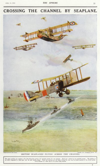 İngiliz Kanalı boyunca uçan İngiliz deniz uçakları (renkli lito) by Charles Edward (after) Dixon