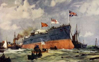 The Launch of the London at Portsmouth  by Charles Edward Dixon