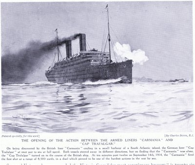 Silahlı gemiler Carmania ve Cap Trafalgar, Güney Atlantik, Eylül 1915 arasındaki açılış eylemi by Charles Edward Dixon