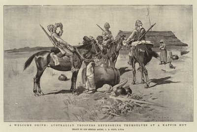 Bir Hoş Geldiniz İçeceği, Avustralyalı Askerler bir Kaffir Kulübesinde kendilerini yeniliyor by Charles Edwin Fripp