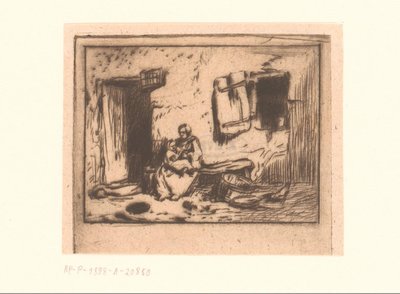 Bir cepheye karşı bir bankta çocuğu olan kadın by Charles Emile Jacque (attributed to)
