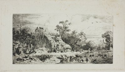 Thatched Kulübeler ile Manzara by Charles Emile Jacque