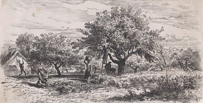 Kulübenin dışındaki ağaçtan meyve toplamak, ca. 1852. by Charles Emile Jacque