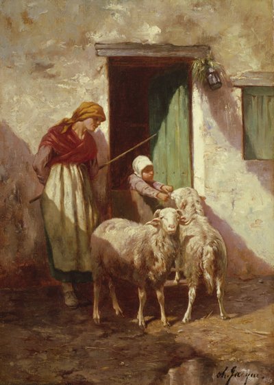 Çocuklu ve İki Koyunlu Çoban by Charles Emile Jacque