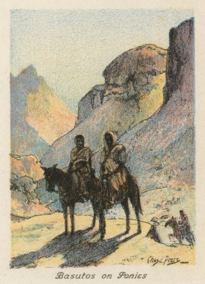 Güney Afrika: Basutos Atlar Üzerinde (renkli taş baskı) by Charles Ernest Peers