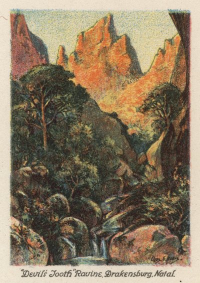 Güney Afrika: "Şeytan Dişi," Ravine, Drakensburg, Natal (renkli lito) by Charles Ernest Peers