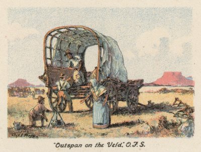 Güney Afrika: "Outspan on the Veld," OFS (renkli lito) by Charles Ernest Peers