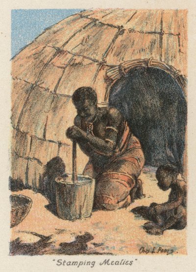 Güney Afrika: "Stamping Mealies" (renkli lito) by Charles Ernest Peers