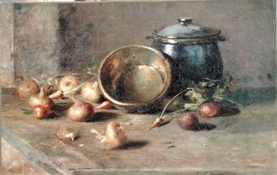Natürmort (güveç, su ısıtıcısı ve soğan) (tuval üzerine yağlı boya) by Charles Ethan Porter